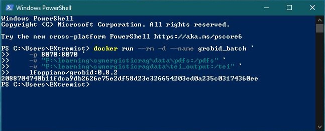 تصویر ۱۰ – نمونه ی دستور اجرای کانتینر GROBID