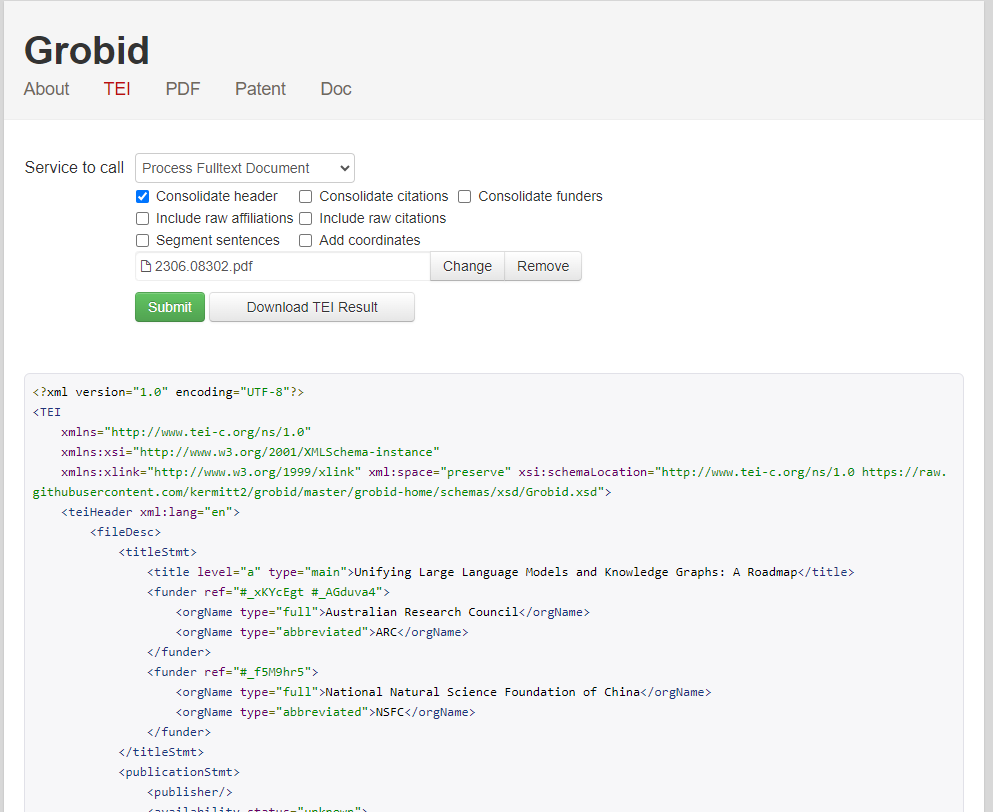 تصویر ۹ – نمایی از رابط کاربری GROBID در localhost